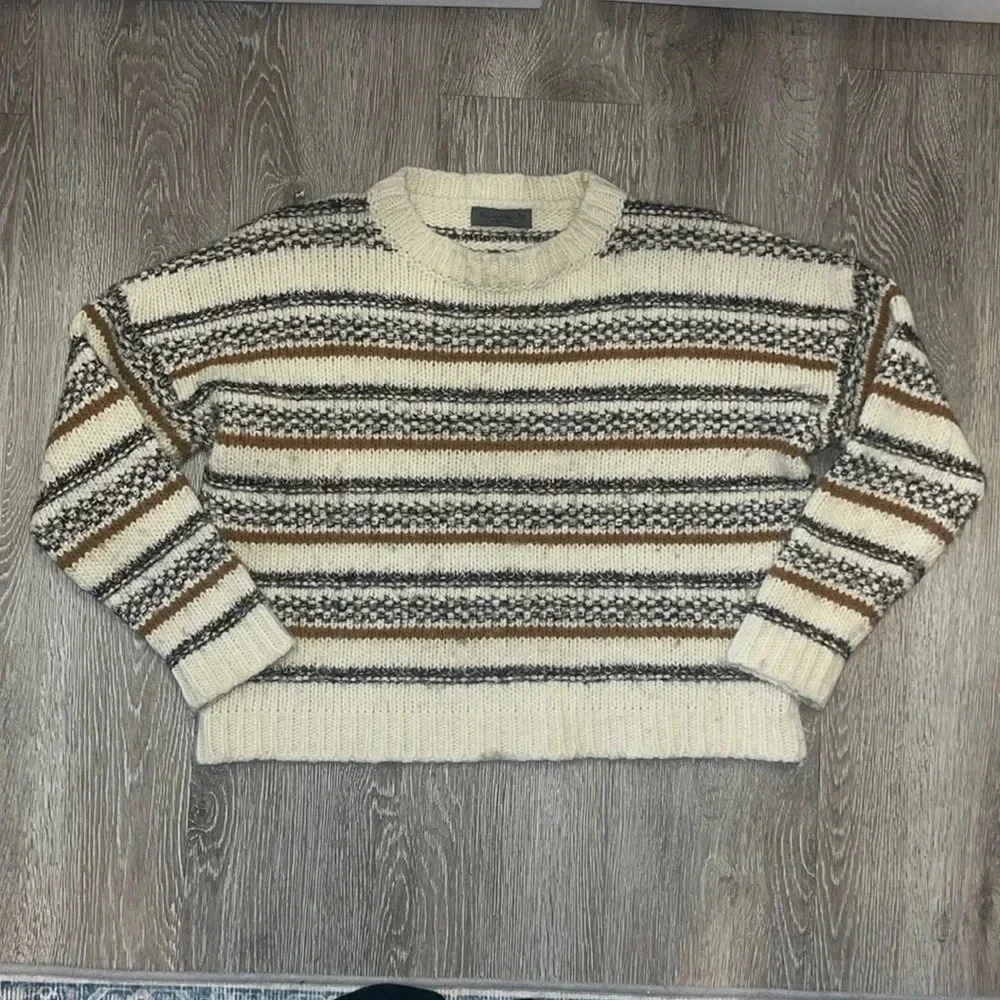 Elsamanda Cream Neutral Stripe Wool Alpaca Blend Bohemian Knit Sweater small